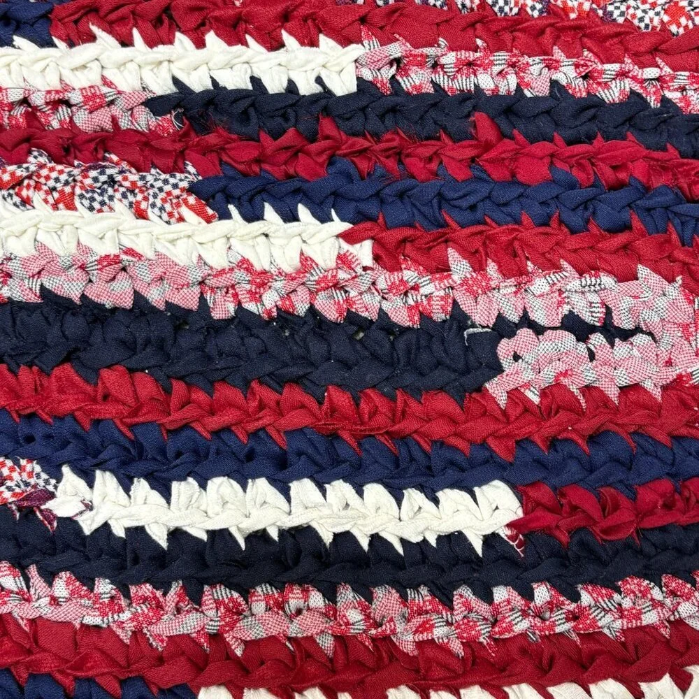 Handmade Knot Rug Oval Rag Rug Red White Blue